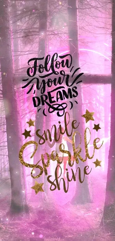 Inspiring, pink-themed forest wallpaper with motivational text overlay.