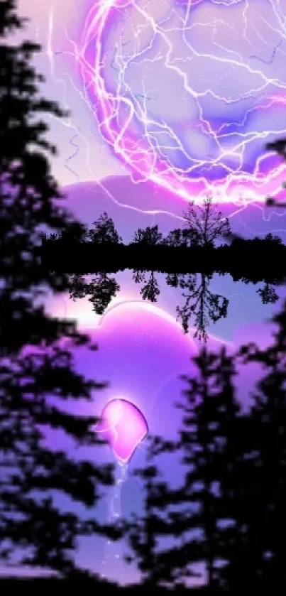 Purple sky with forest silhouette and lightning art.