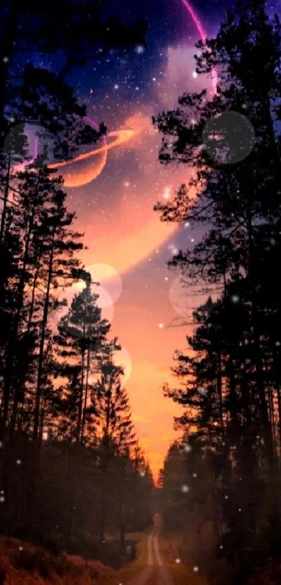 Dreamy forest night scene with planets.