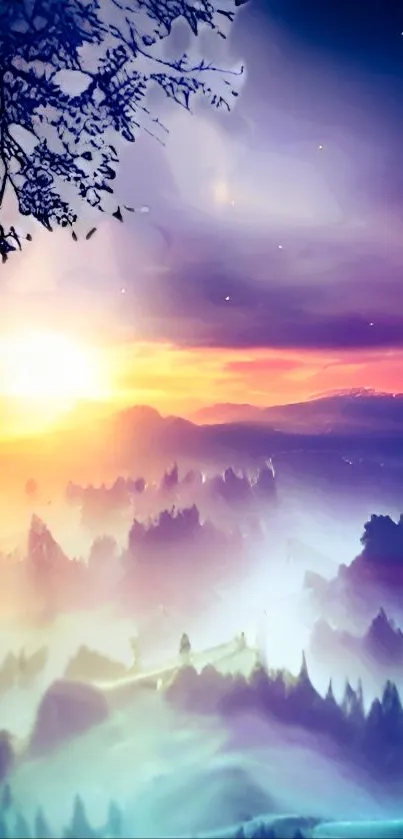 Dreamy forest sunrise with misty hills and a colorful sky.