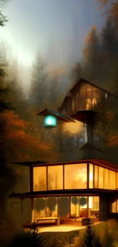 Luminous treehouse in a tranquil, misty forest setting.