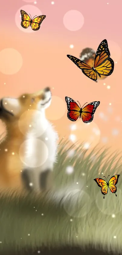 Fox and butterflies in a dreamy, pastel-colored landscape.