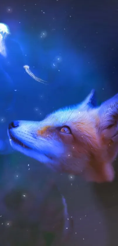 Dreamy fox gazing at a jellyfish in a starry blue sky wallpaper.