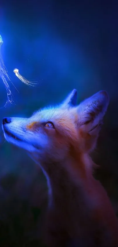 Fox gazing at glowing jellyfish under a deep blue night sky.