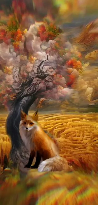 Fox under a vibrant tree in a golden field.