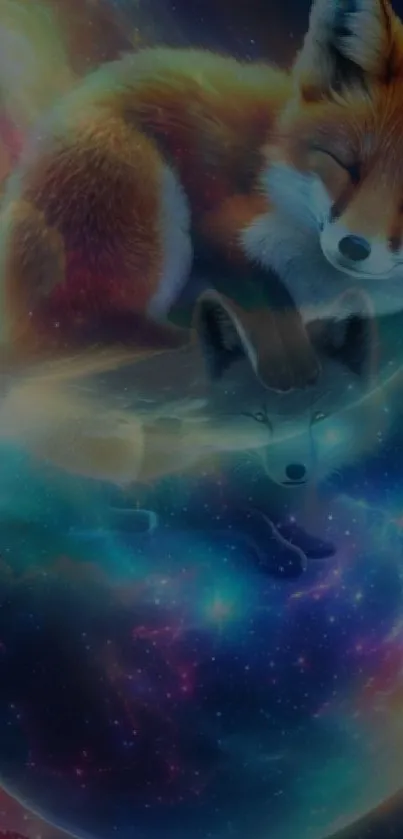 Whimsical fox nestled in a colorful galaxy