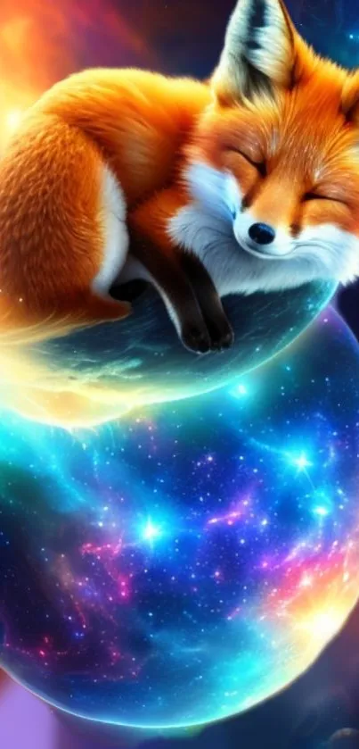 Cute fox sleeping atop a glowing galaxy sphere in vibrant colors.