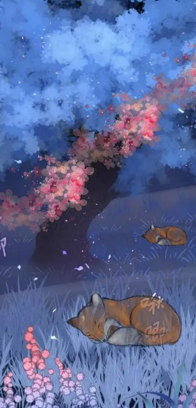 Foxes resting under a cherry blossom tree with blue and pink hues.