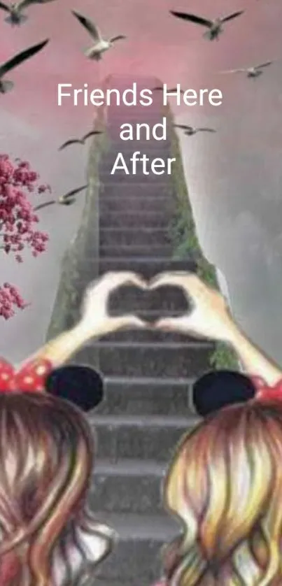 Friends creating heart shape with a stairway background.