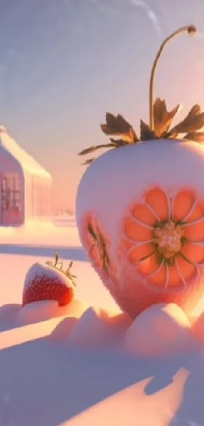 Frosted strawberries in a dreamy winter landscape.