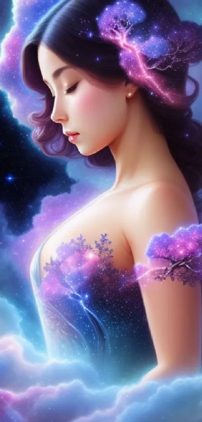 Woman in cosmic galaxy surrounded by purple clouds and stars.