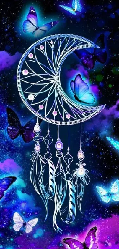 Wallpaper with galaxy, butterflies, and dreamcatcher.