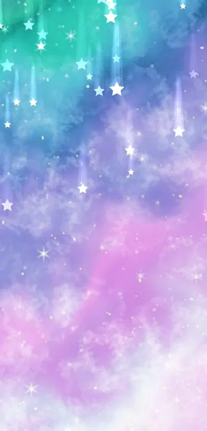 Dreamy galaxy wallpaper with pastel clouds and stars.