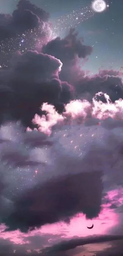 Dreamy clouds and galaxy night sky wallpaper with stars and moon.