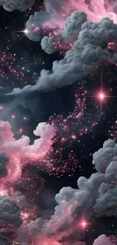 Pink and grey cosmic clouds with stars in space.