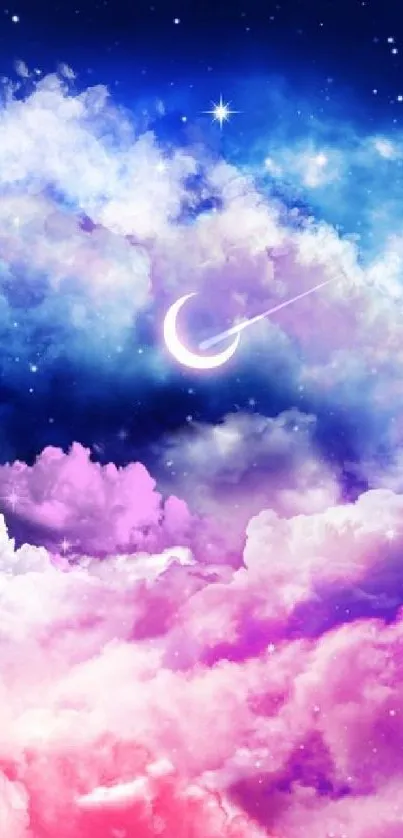 Dreamy galaxy with clouds and crescent moon wallpaper.