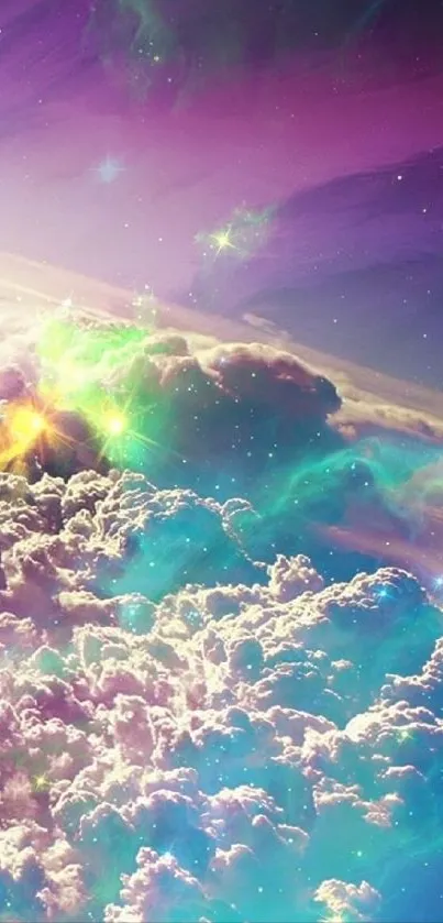 Vivid cosmic landscape with colorful galaxy clouds and a starry sky.