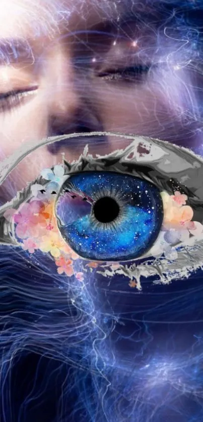 Surreal mobile wallpaper with galaxy-themed eye and floral accents.