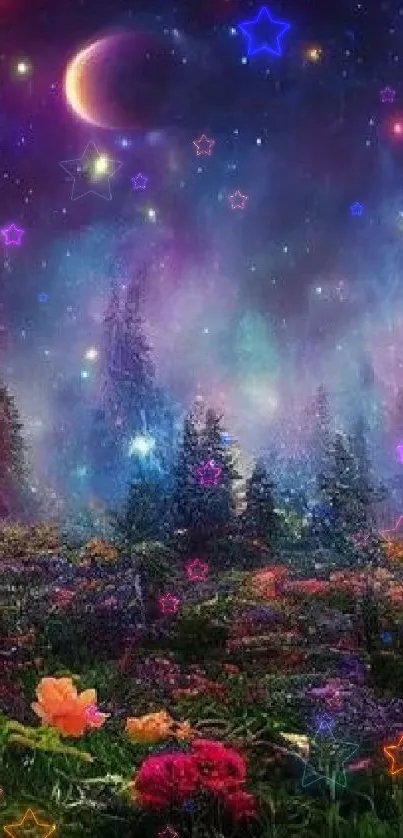 Fantasy galaxy forest with vibrant colors and starlit sky in mobile wallpaper.