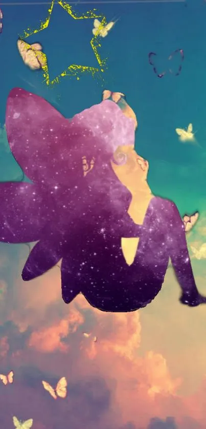 Dreamy galaxy-themed wallpaper with butterflies and a silhouetted girl.