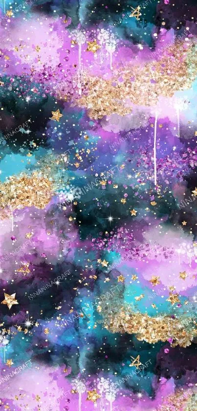 Vibrant galaxy wallpaper with purple, turquoise, and gold glitter accents.