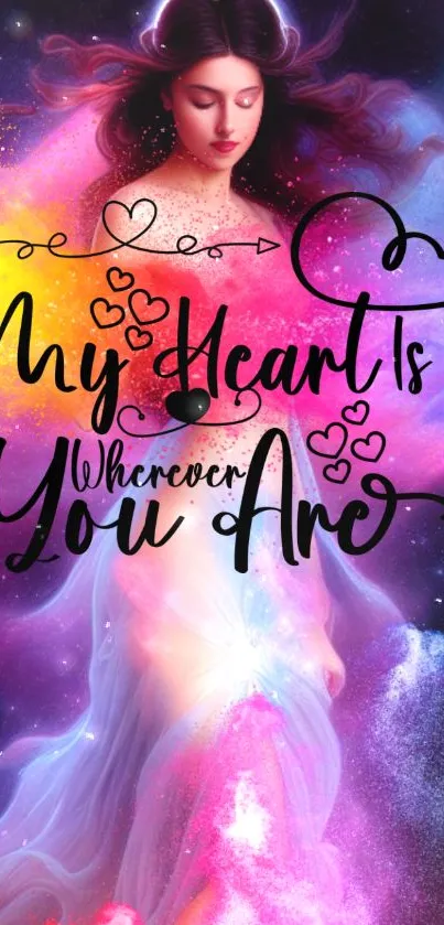 Dreamy galaxy wallpaper with cosmic hues and a romantic quote.