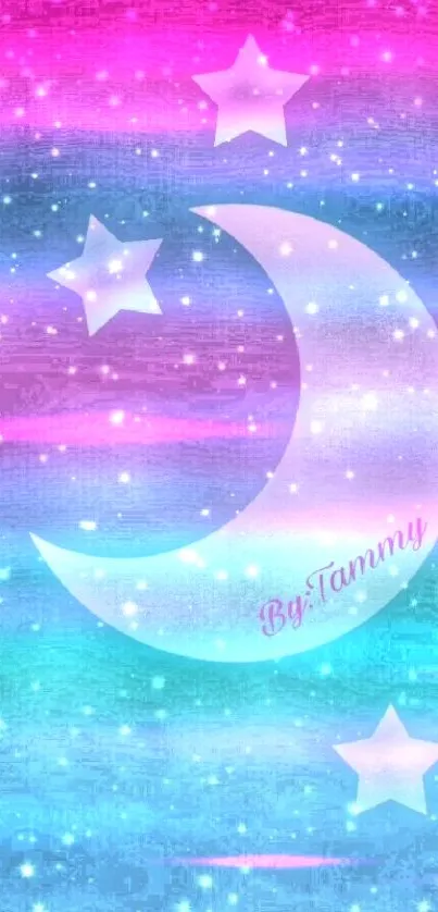 Pink and blue wallpaper with crescent moon and stars.