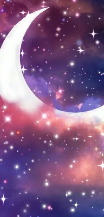 Crescent moon with stars in a colorful galaxy backdrop.