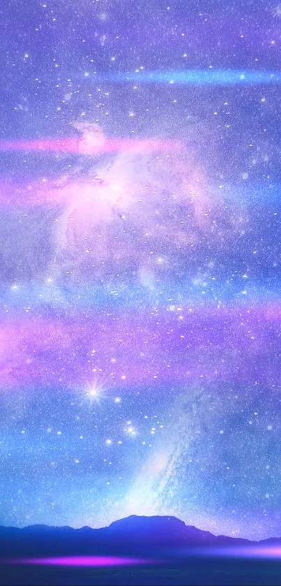 Mobile wallpaper of a dreamy galaxy night sky with purples and blues.