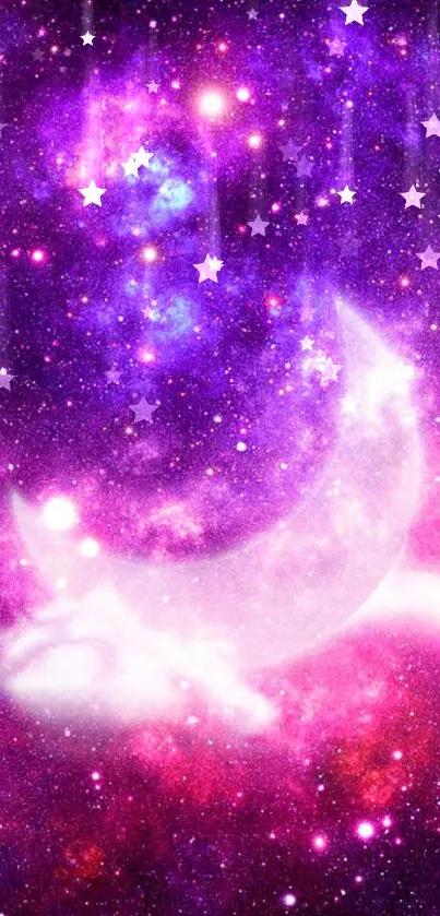 Dreamy purple galaxy wallpaper with a crescent moon and stars.