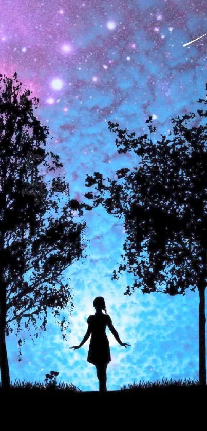 Silhouette of girl under a vibrant galaxy night sky with trees.