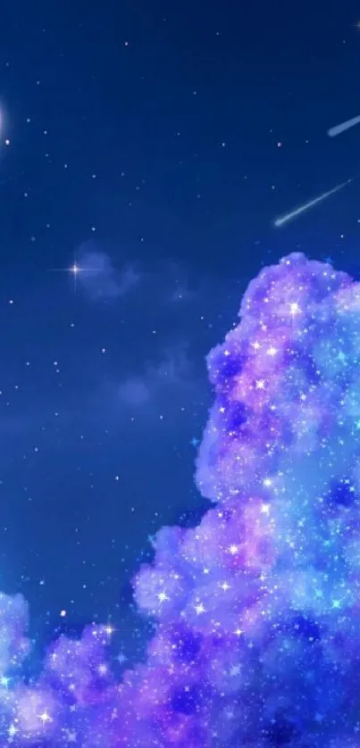 Dreamy night sky wallpaper with crescent moon and colorful clouds.