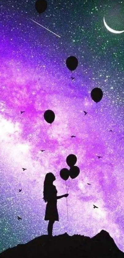 Silhouette against a vibrant galaxy night sky with balloons.