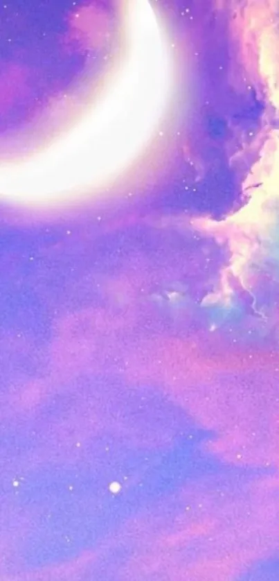 Dreamy wallpaper featuring a crescent moon and vibrant purple nebula.