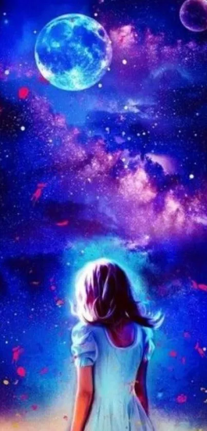 Girl gazing at a cosmic galaxy with stars and vibrant colors.