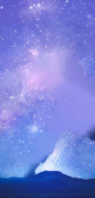 Purple galaxy wallpaper with stars and cosmic clouds for mobile phones.