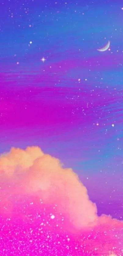 A dreamy pink galaxy wallpaper with stars and a crescent moon.