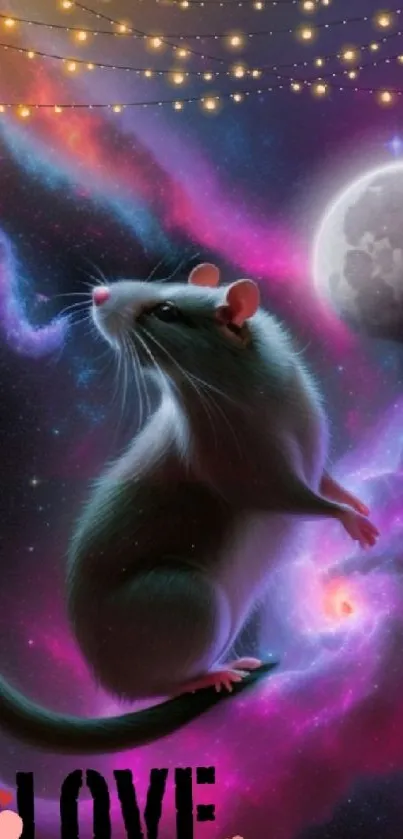 A dreamy galaxy wallpaper with a rat and moon.