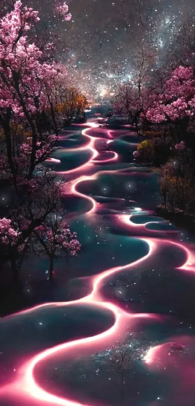 Magical magenta river under galaxy with cherry blossoms in a surreal nightscape.