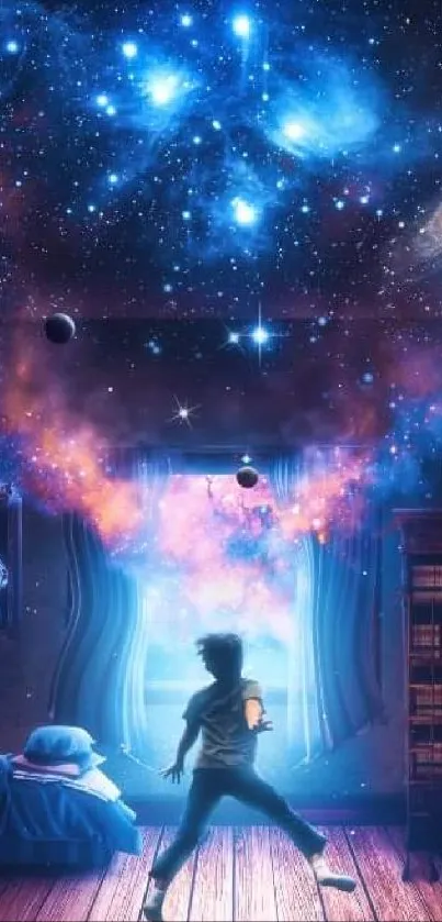 Surreal bedroom with cosmic galaxy and planets wallpaper.