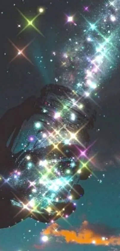 Ethereal galaxy sky with sparkling stars and mystical jar of light.