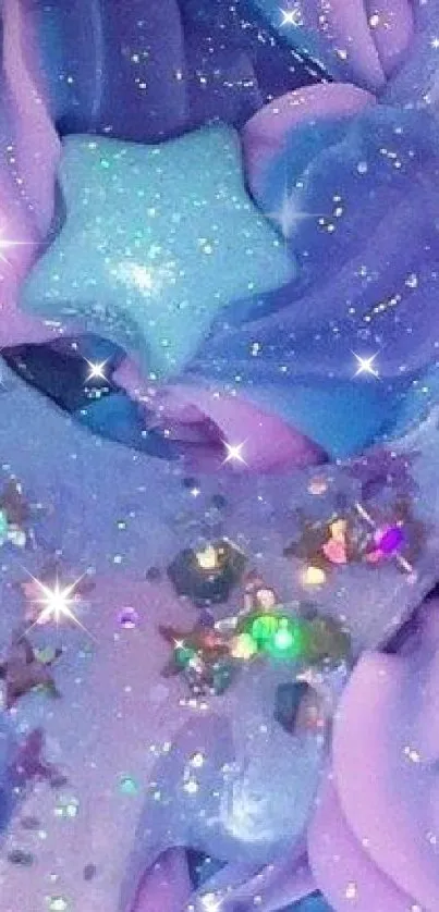 Dreamy purple and blue galaxy star wallpaper with glitter accents.