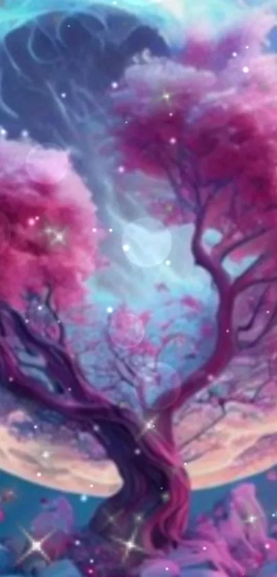 Dreamy pink galaxy tree wallpaper with a cosmic backdrop.