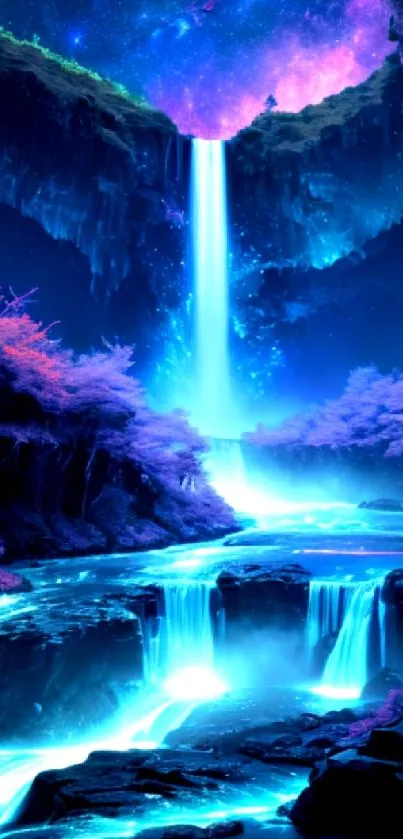 Galaxy-themed waterfall scene with vibrant neon colors and dreamy landscape.