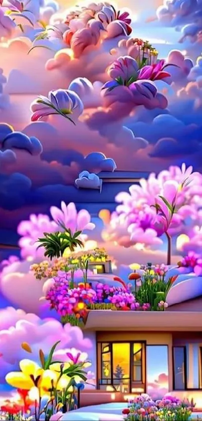 Fantasy garden with vibrant flowers and swirling, colorful clouds.