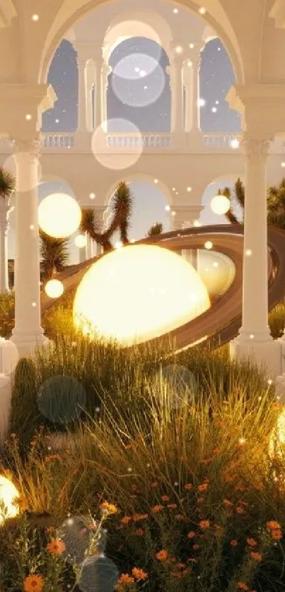 Surreal garden at night with glowing orbs and elegant archways.