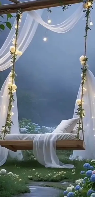 Swing with fairy lights in a serene garden at dusk.