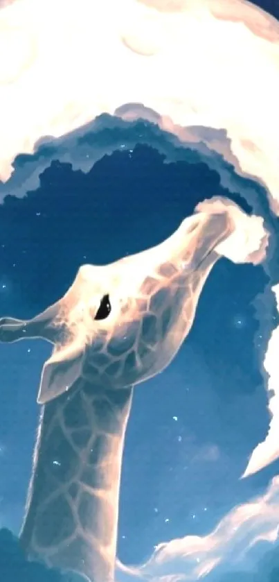 Giraffe reaching moon among clouds in a whimsical night scene.