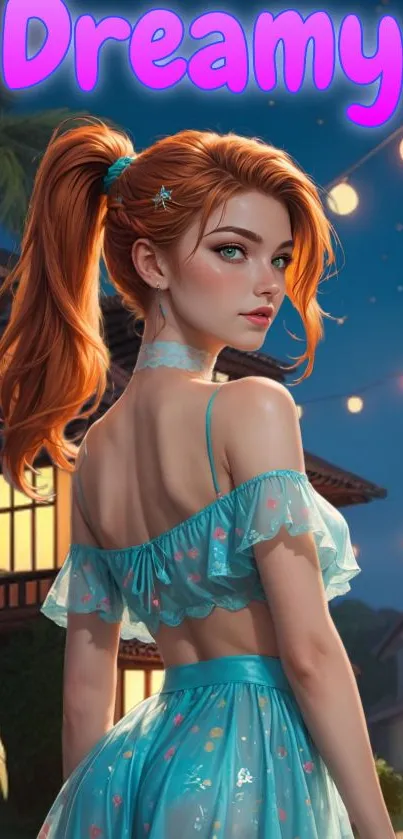 Dreamy red-haired girl in a tropical night setting wallpaper.