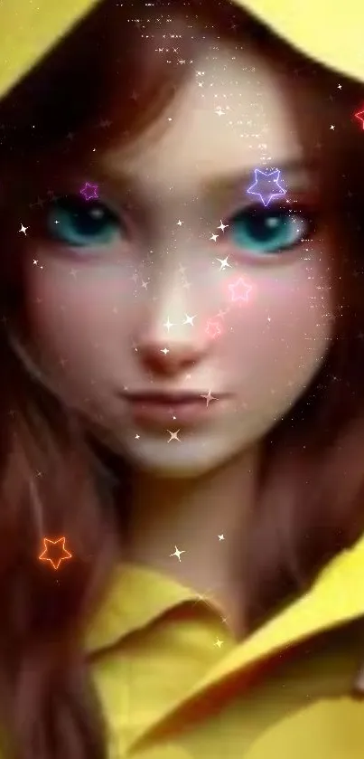 Animated girl with blue eyes and yellow hood in a starry design.